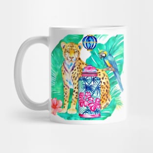 Preppy cheetah, macaw parrot and chinoiserie jar watercolor Mug